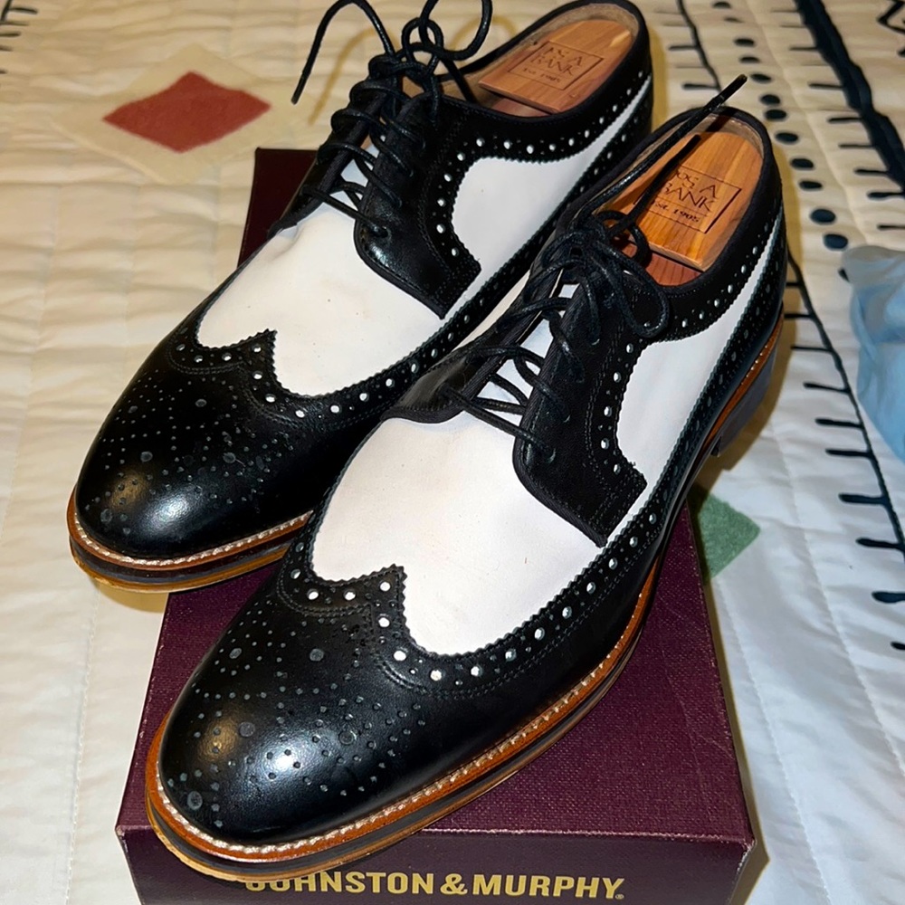 Black leather / White Nubuck Spectator Dress Shoes 10.5 J&M
